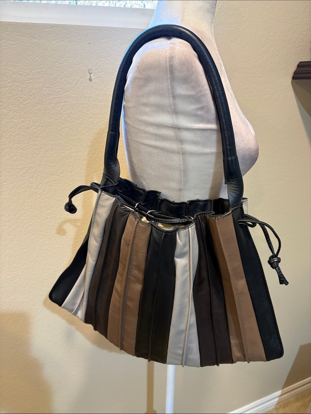 Striped Panel Shoulder Bag in Black, Brown & Cream with Coin Purse